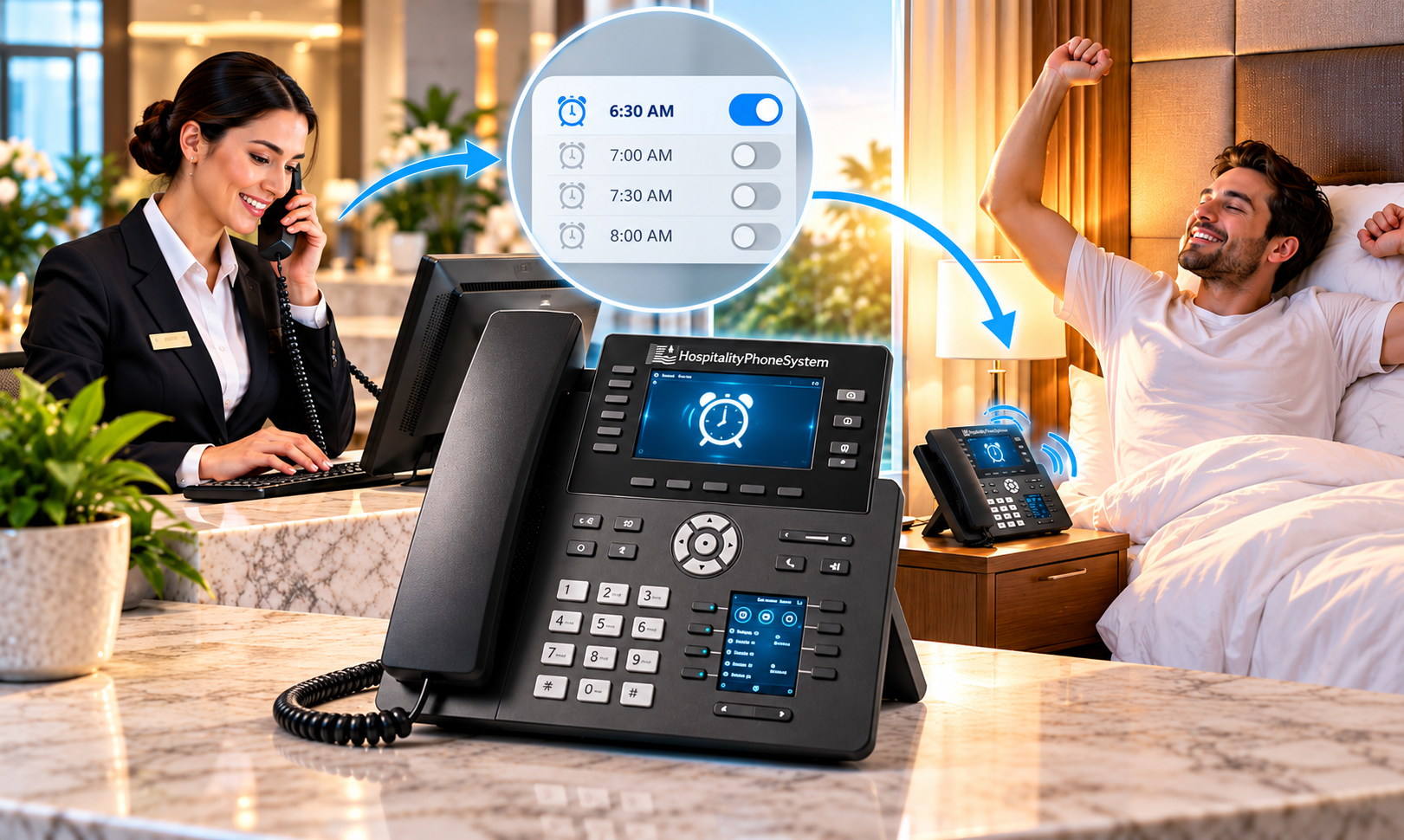 Hotel guest room bedside telephone and alarm clock